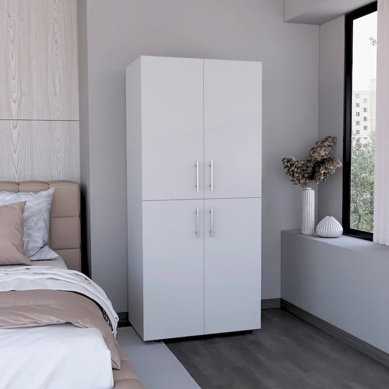 Armoire moderne à quatre portes avec six étagères et deux tringles de suspension pour chambre à coucher