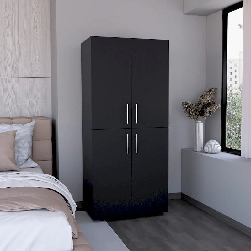 Armoire moderne à quatre portes avec six étagères et deux tringles de suspension pour chambre à coucher