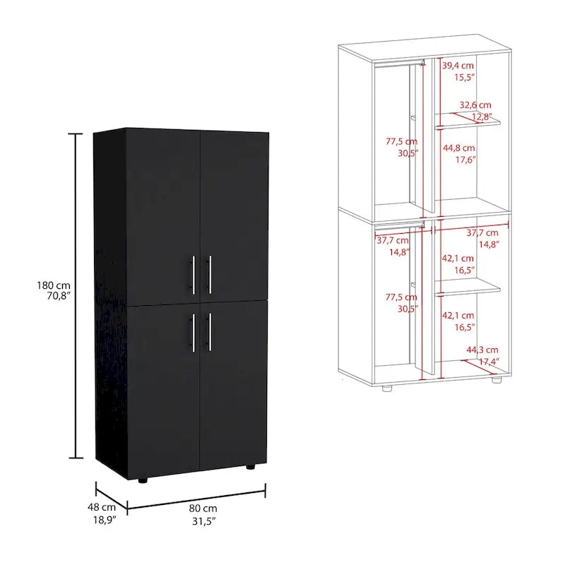 Armoire moderne à quatre portes avec six étagères et deux tringles de suspension pour chambre à coucher
