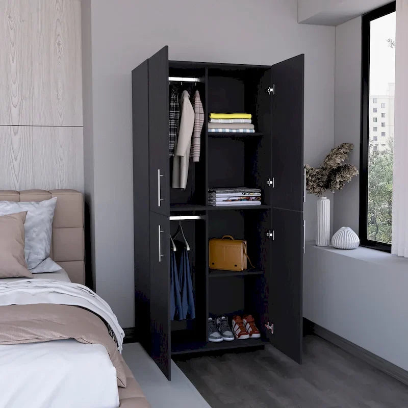 Armoire moderne à quatre portes avec six étagères et deux tringles de suspension pour chambre à coucher