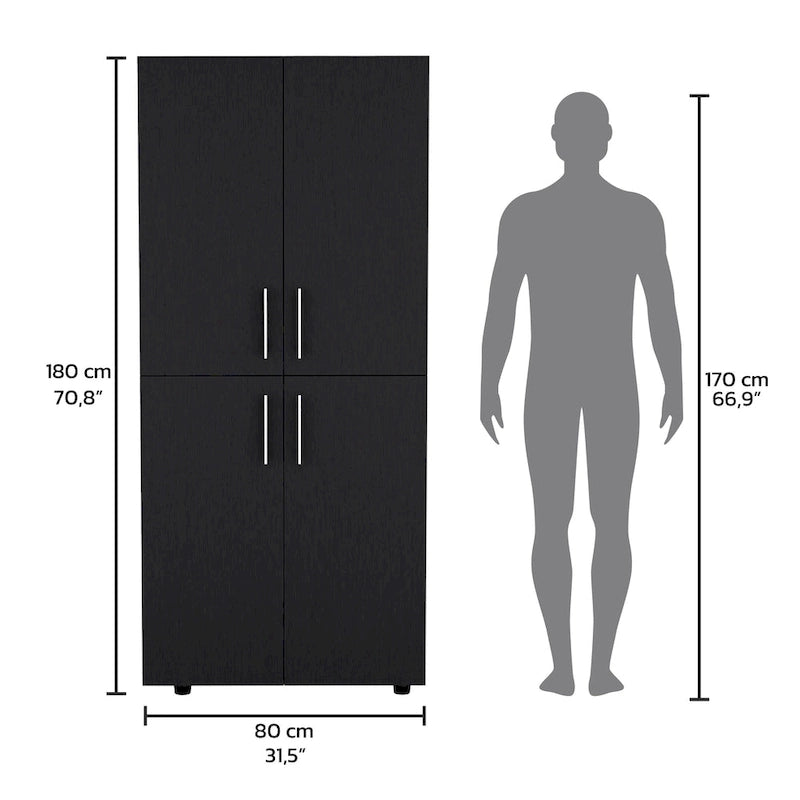 Armoire moderne à quatre portes avec six étagères et deux tringles de suspension pour chambre à coucher