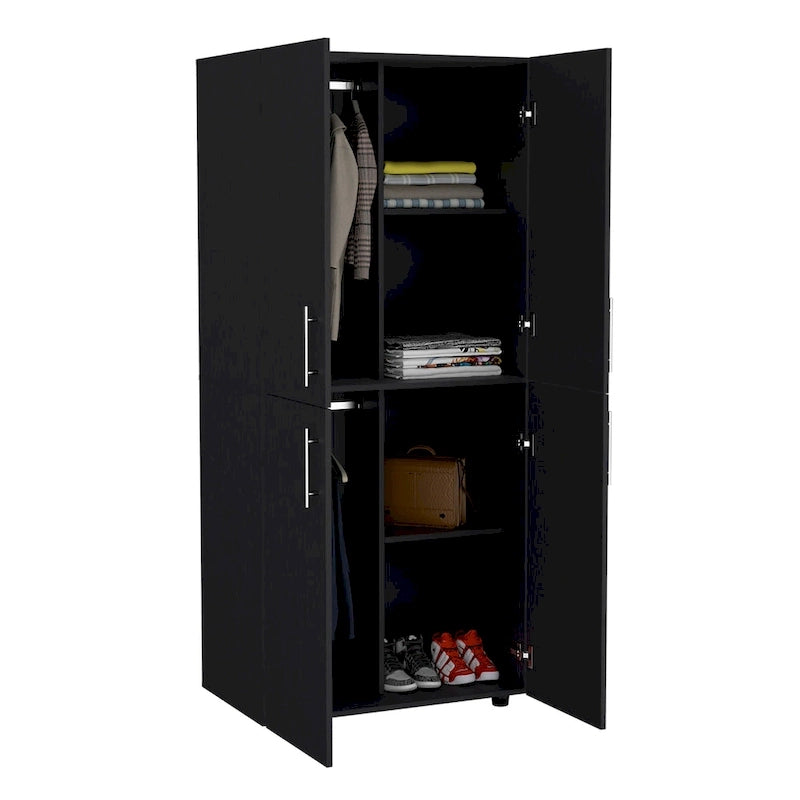 Armoire moderne à quatre portes avec six étagères et deux tringles de suspension pour chambre à coucher