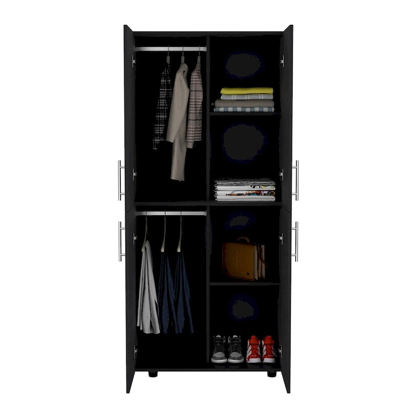 Armoire moderne à quatre portes avec six étagères et deux tringles de suspension pour chambre à coucher