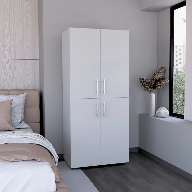 Armoire moderne à quatre portes avec six étagères et deux tringles de suspension pour chambre à coucher