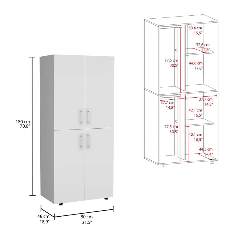 Armoire moderne à quatre portes avec six étagères et deux tringles de suspension pour chambre à coucher