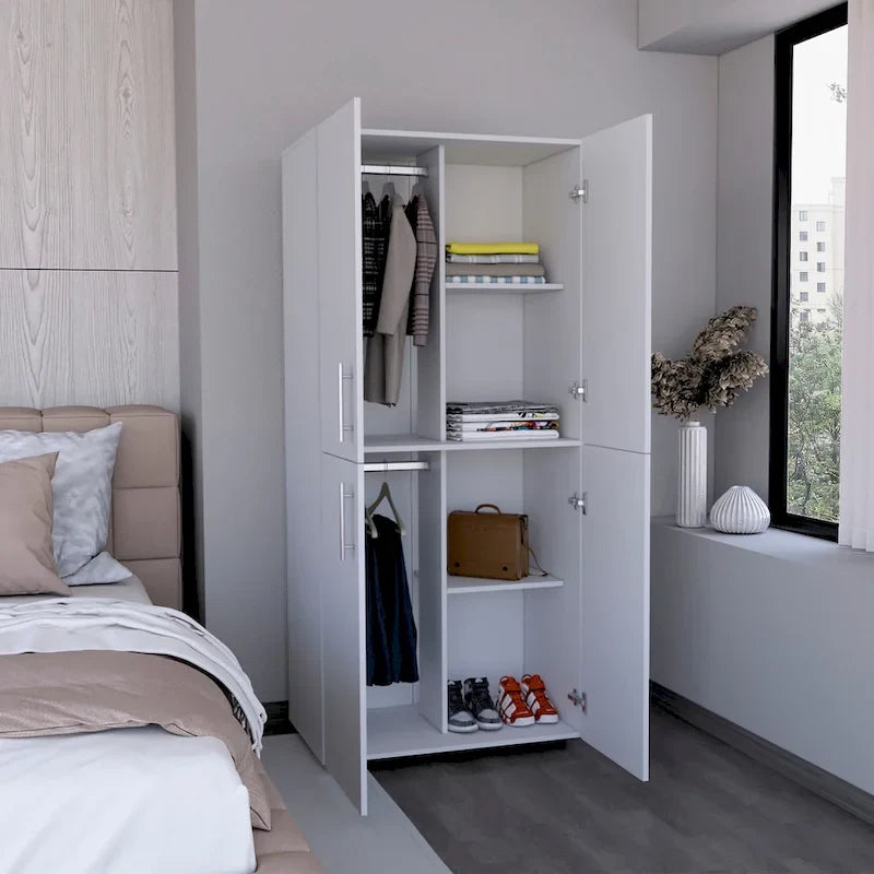 Armoire moderne à quatre portes avec six étagères et deux tringles de suspension pour chambre à coucher