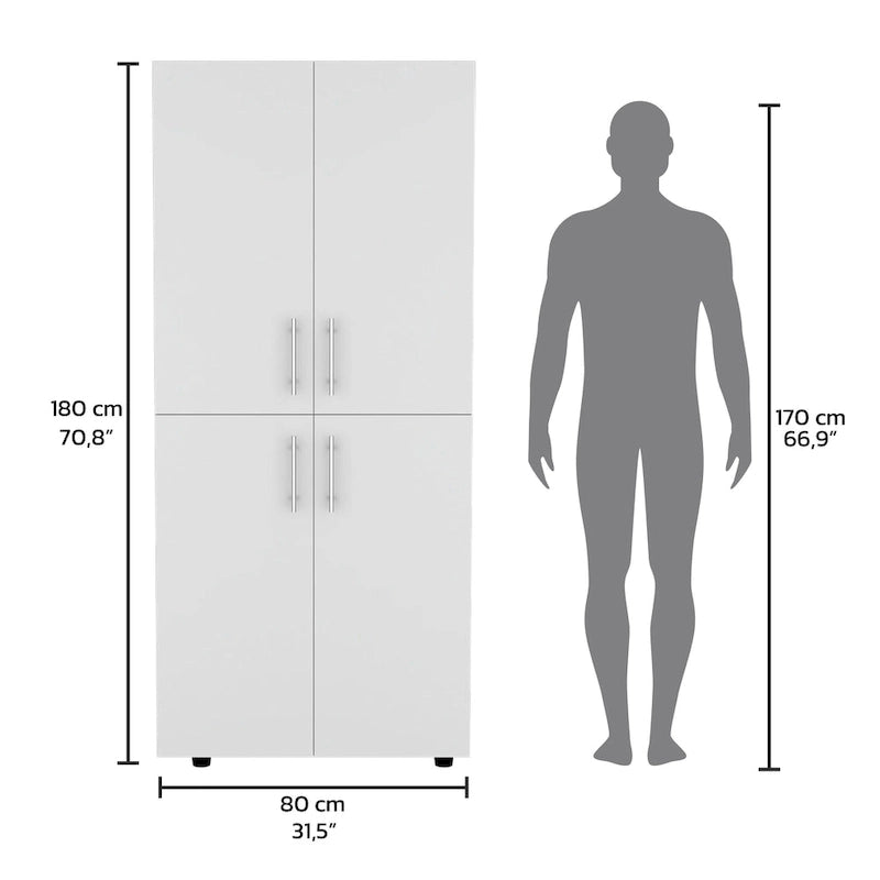 Armoire moderne à quatre portes avec six étagères et deux tringles de suspension pour chambre à coucher