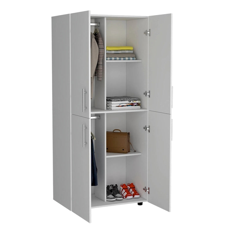 Armoire moderne à quatre portes avec six étagères et deux tringles de suspension pour chambre à coucher