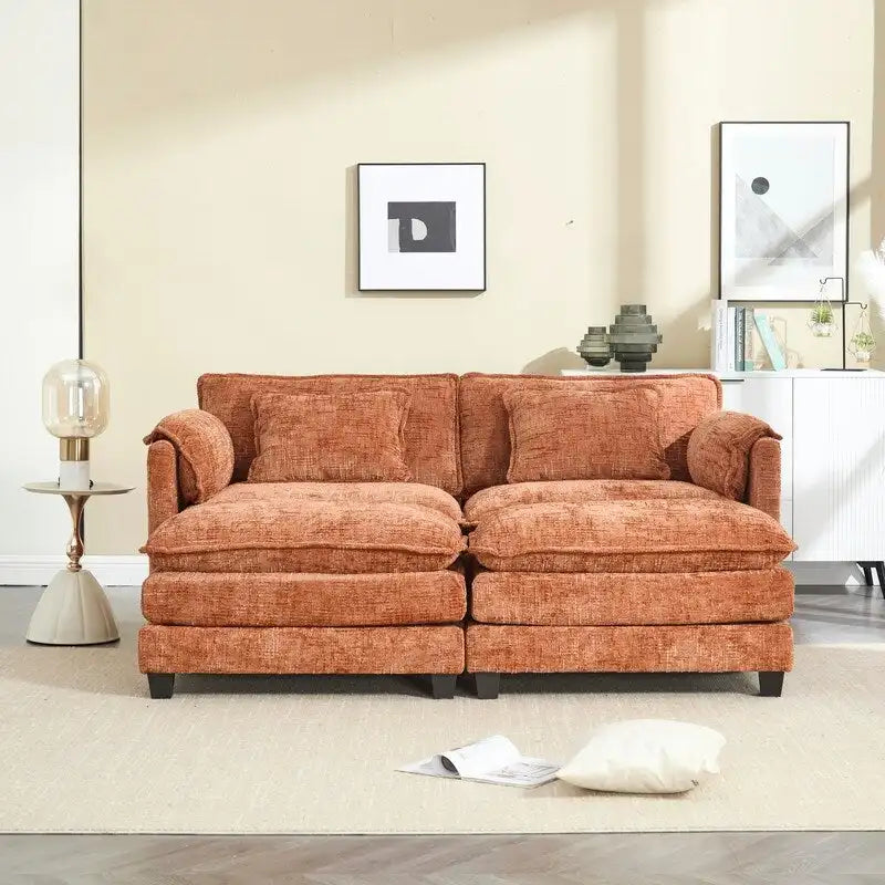 76,77 Canapé en chenille avec 2 poufs
