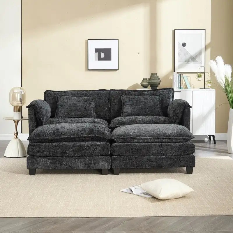 76,77 Canapé en chenille avec 2 poufs