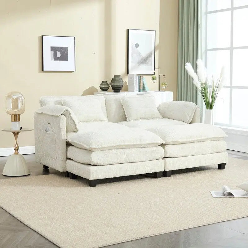 76,77 Canapé en chenille avec 2 poufs