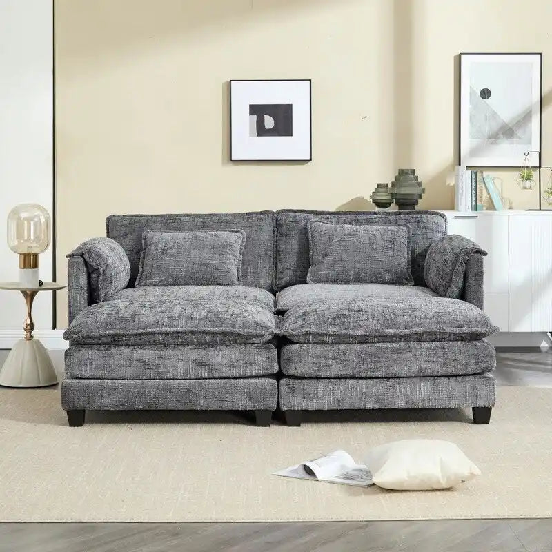 76,77 Canapé en chenille avec 2 poufs