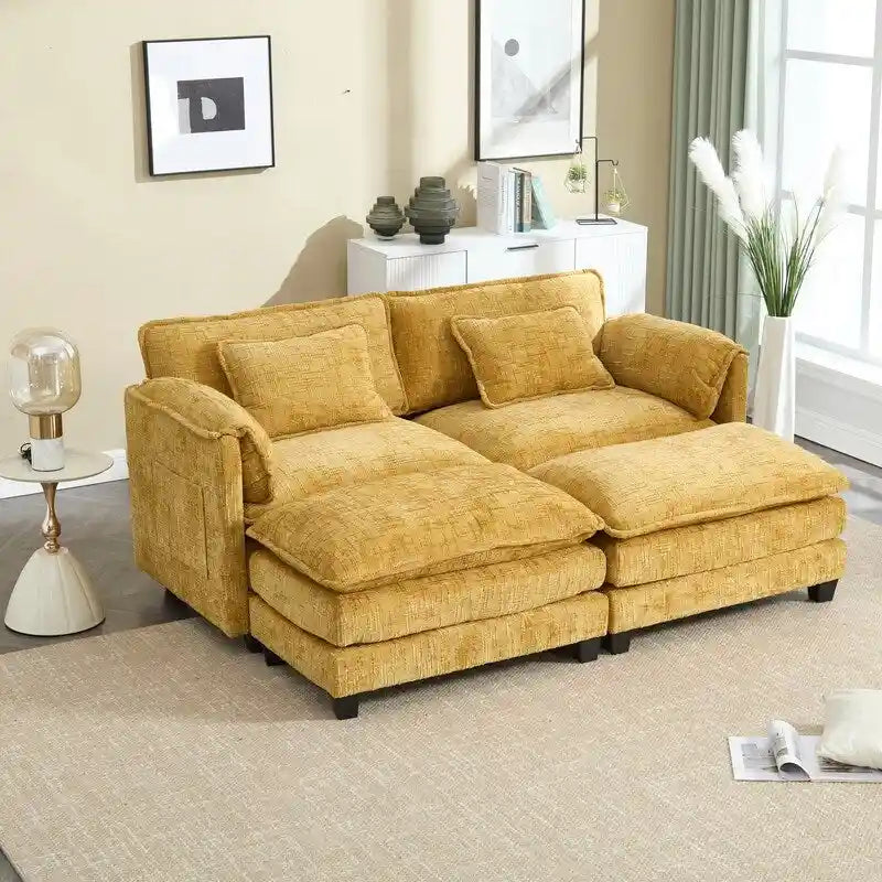 76,77 Canapé en chenille avec 2 poufs