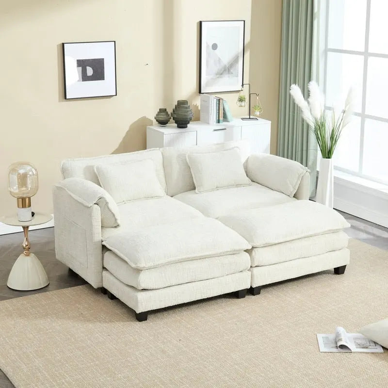76,77 Canapé en chenille avec 2 poufs