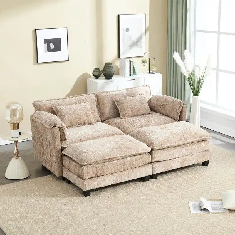76,77 Canapé en chenille avec 2 poufs