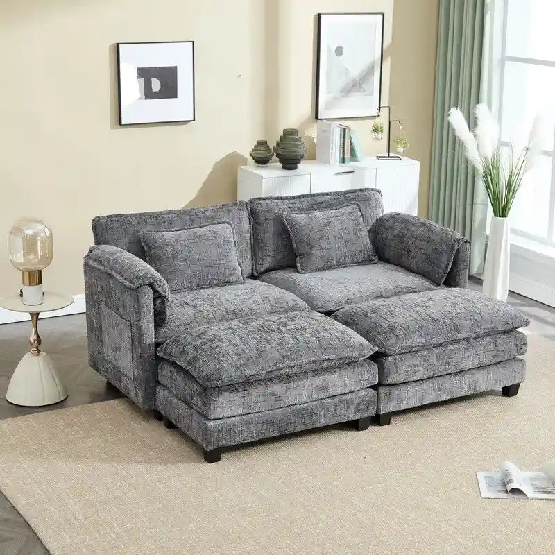 76,77 Canapé en chenille avec 2 poufs