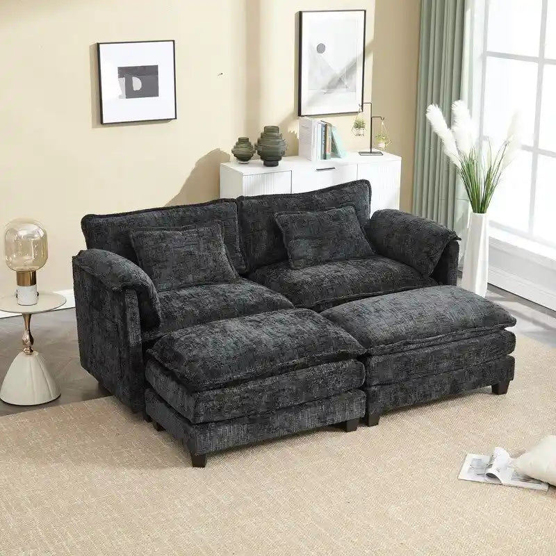 76,77 Canapé en chenille avec 2 poufs