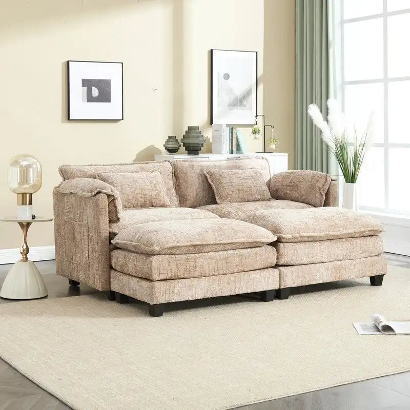 76,77 Canapé en chenille avec 2 poufs