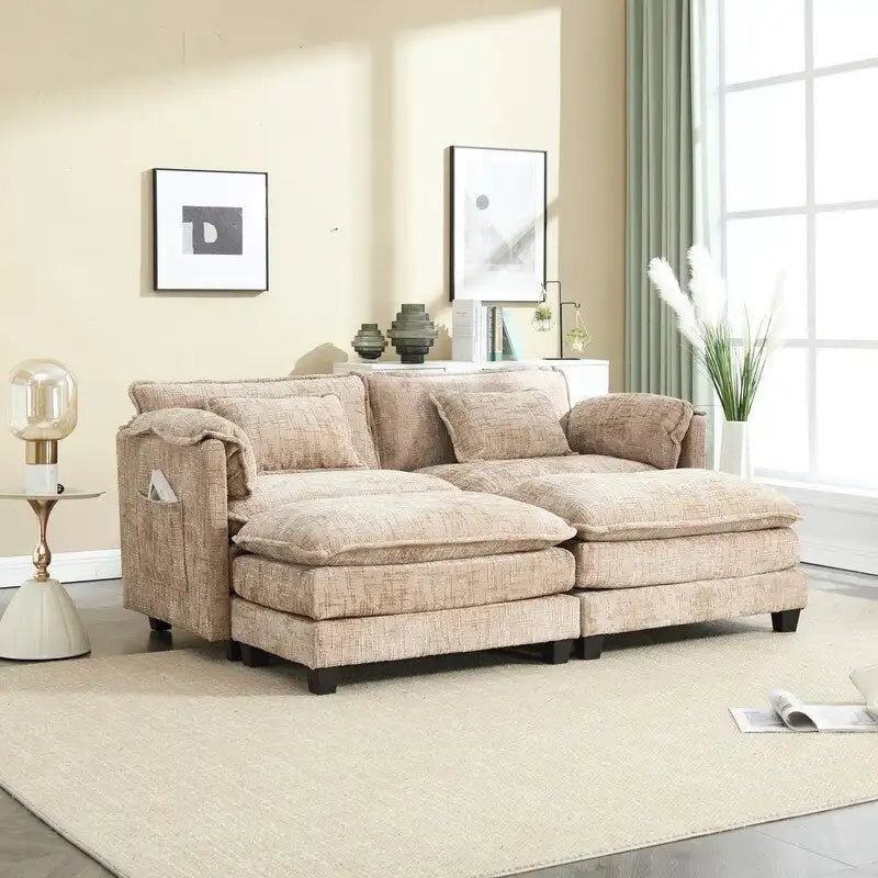 76,77 Canapé en chenille avec 2 poufs