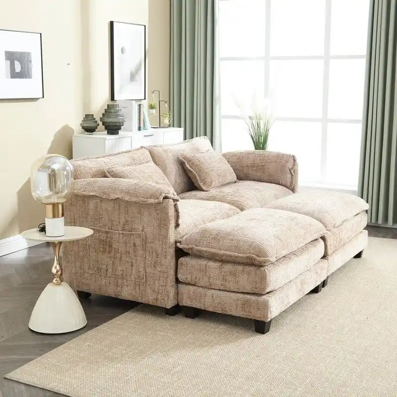 76,77 Canapé en chenille avec 2 poufs
