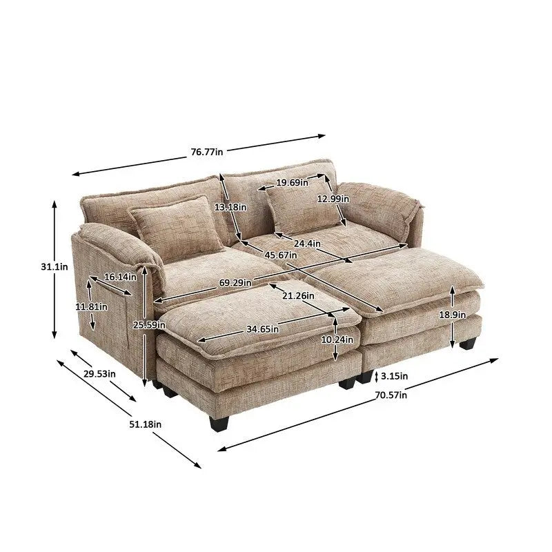 76,77 Canapé en chenille avec 2 poufs