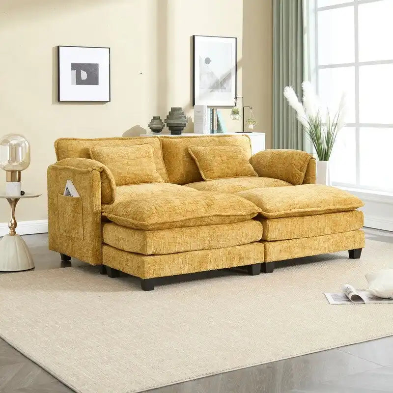 76,77 Canapé en chenille avec 2 poufs