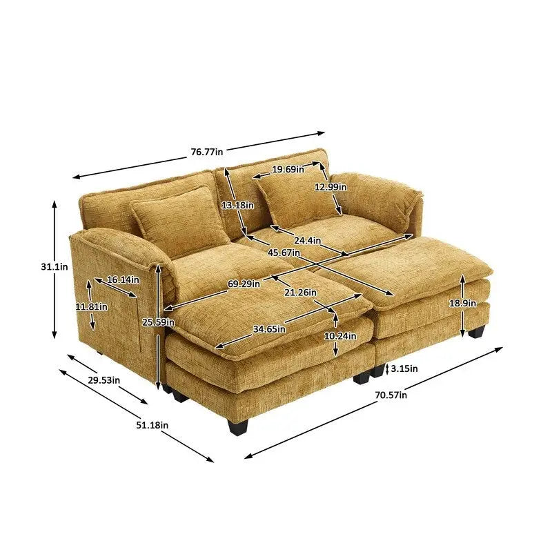 76,77 Canapé en chenille avec 2 poufs
