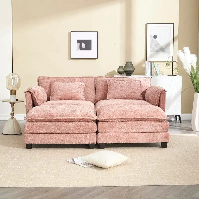76,77 Canapé en chenille avec 2 poufs