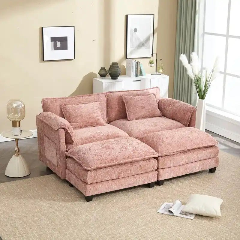 76,77 Canapé en chenille avec 2 poufs