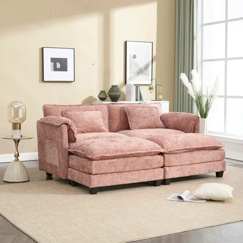 76,77 Canapé en chenille avec 2 poufs