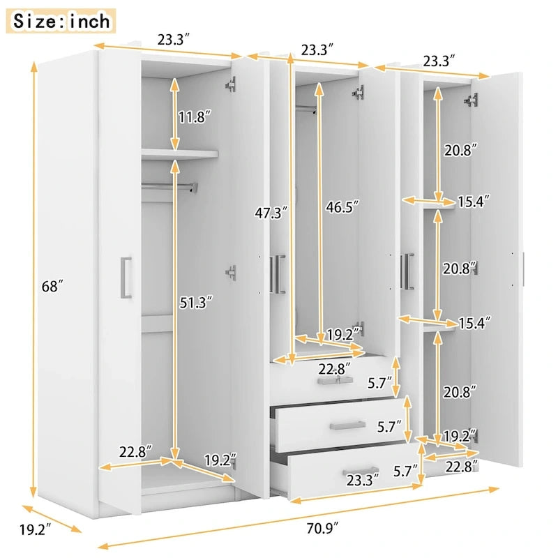 Armoire 6 portes en bois avec 3 grands tiroirs de rangement pour chambre à coucher