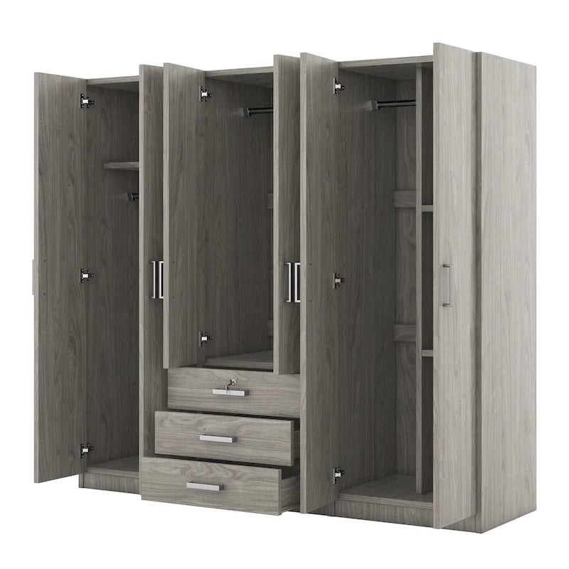 Armoire 6 portes en bois avec 3 grands tiroirs de rangement pour chambre à coucher