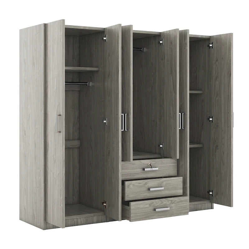 Armoire 6 portes en bois avec 3 grands tiroirs de rangement pour chambre à coucher