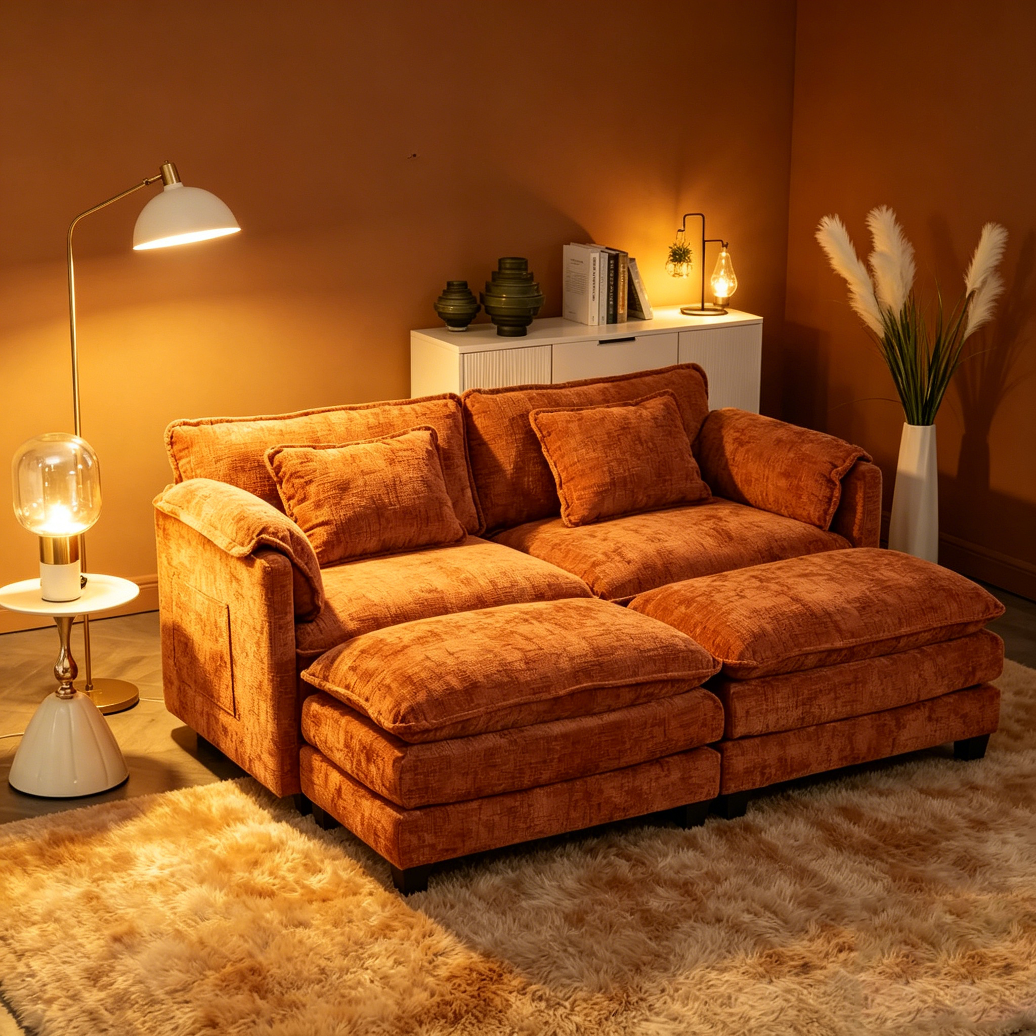 76,77 Canapé en chenille avec 2 poufs