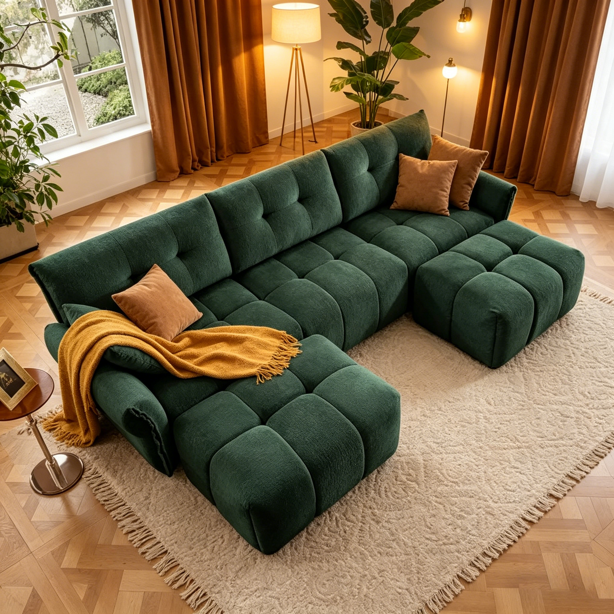 110.2 Canapé rembourré 3 places en chenille, 2 poufs