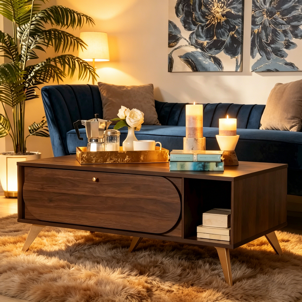 Table basse en bois au fini noyer brun et or, style Mid-Century