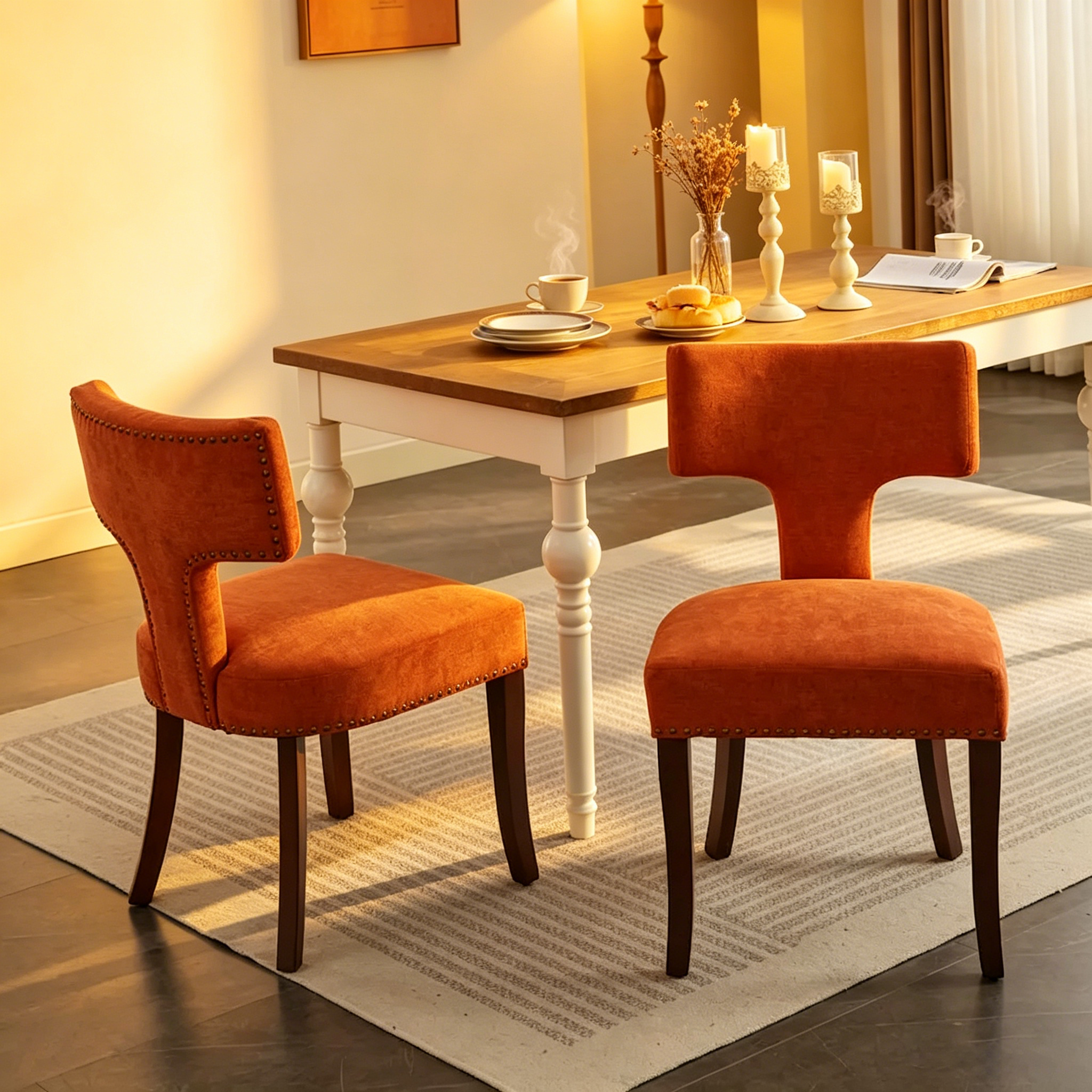 Lot de 2 chaises de salle à manger modernes, chaise d'appoint rembourrée en tissu de lin style ferme avec dossier incurvé et clous en cuivre