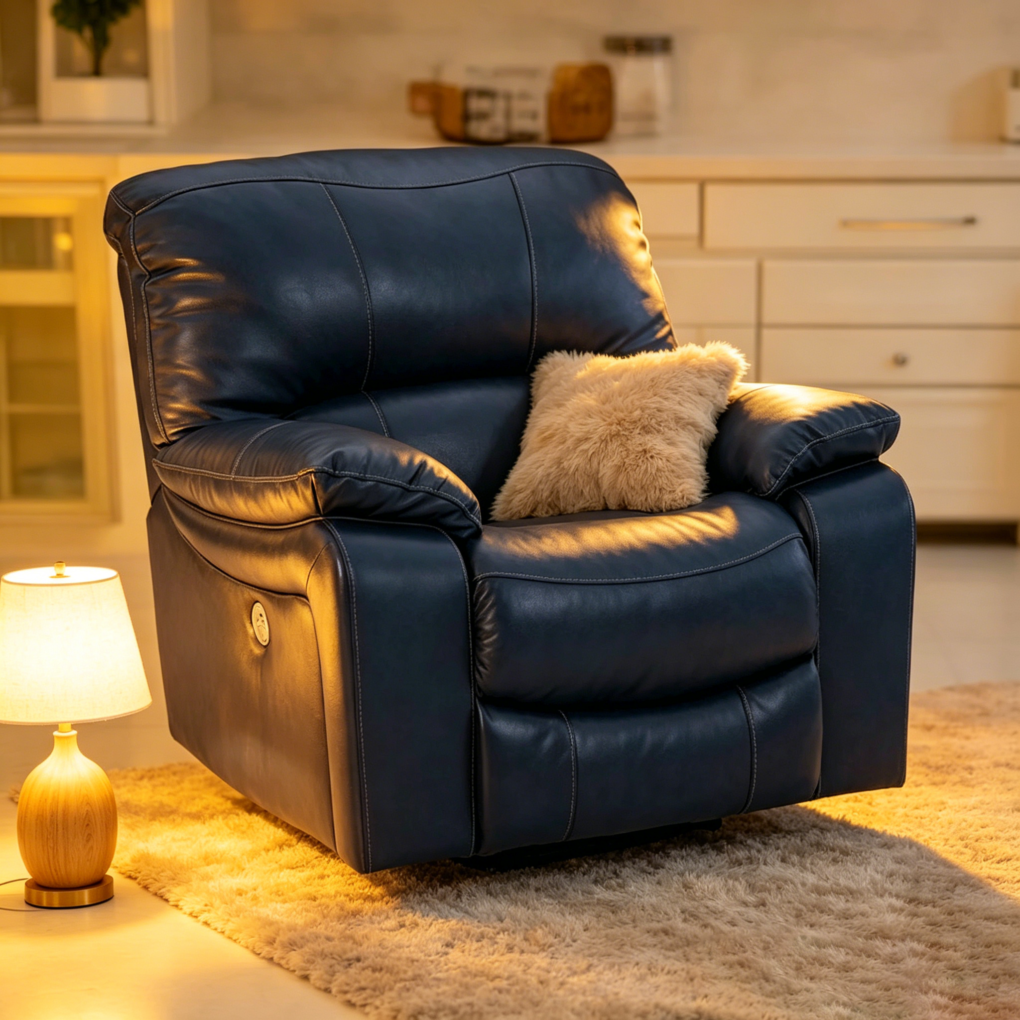 Fauteuil inclinable motorisé, cuir souple bleu océan, port USB