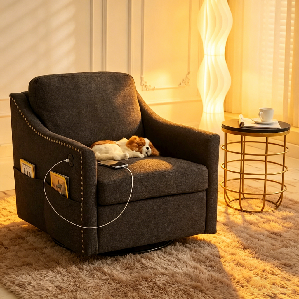 Fauteuil pivotant moderne en tissu avec ports USB, lot de 1