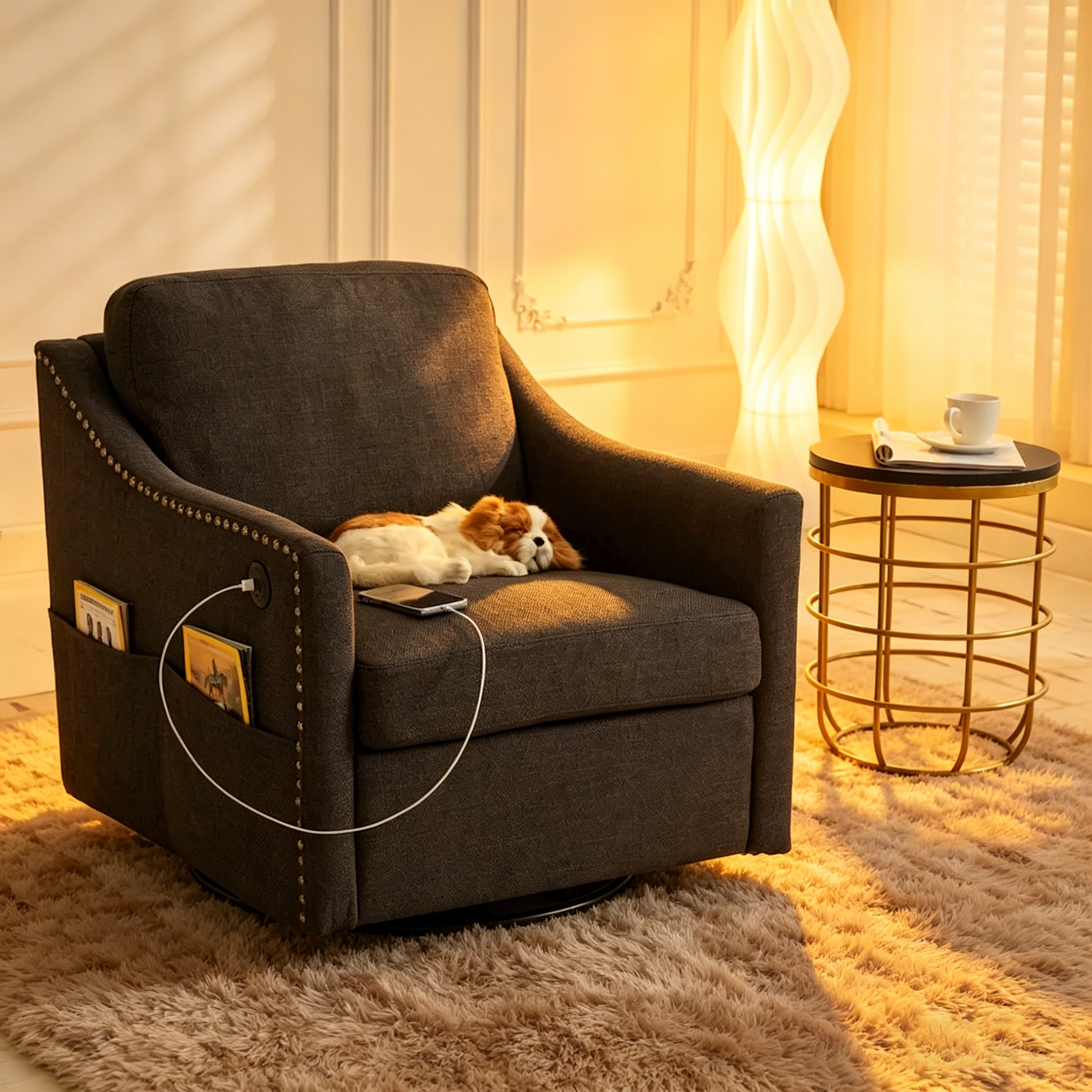 Fauteuil pivotant moderne en tissu avec ports USB, lot de 1