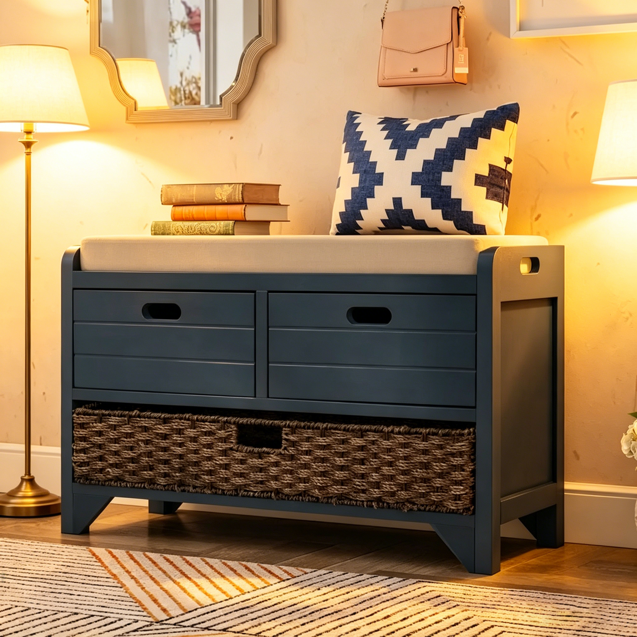 Banc de rangement avec panier amovible et 2 tiroirs