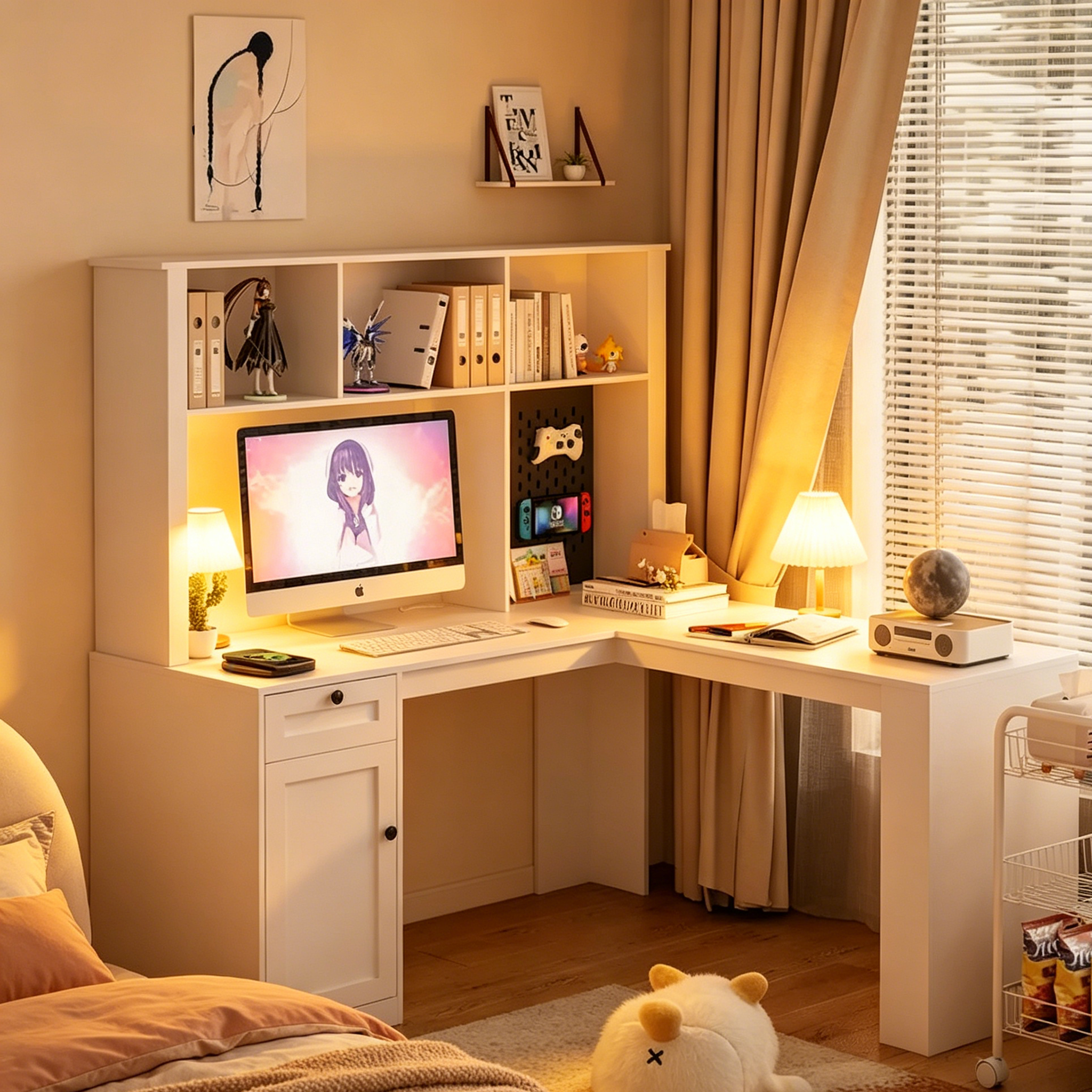 Bureau d'angle moderne en L avec prise de courant