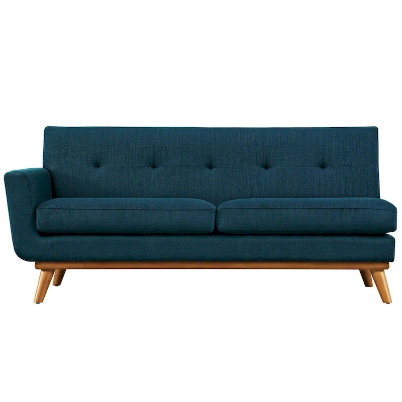 Causeuse en tissu rembourré à accoudoir gauche, style moderne du milieu du siècle, couleur azur