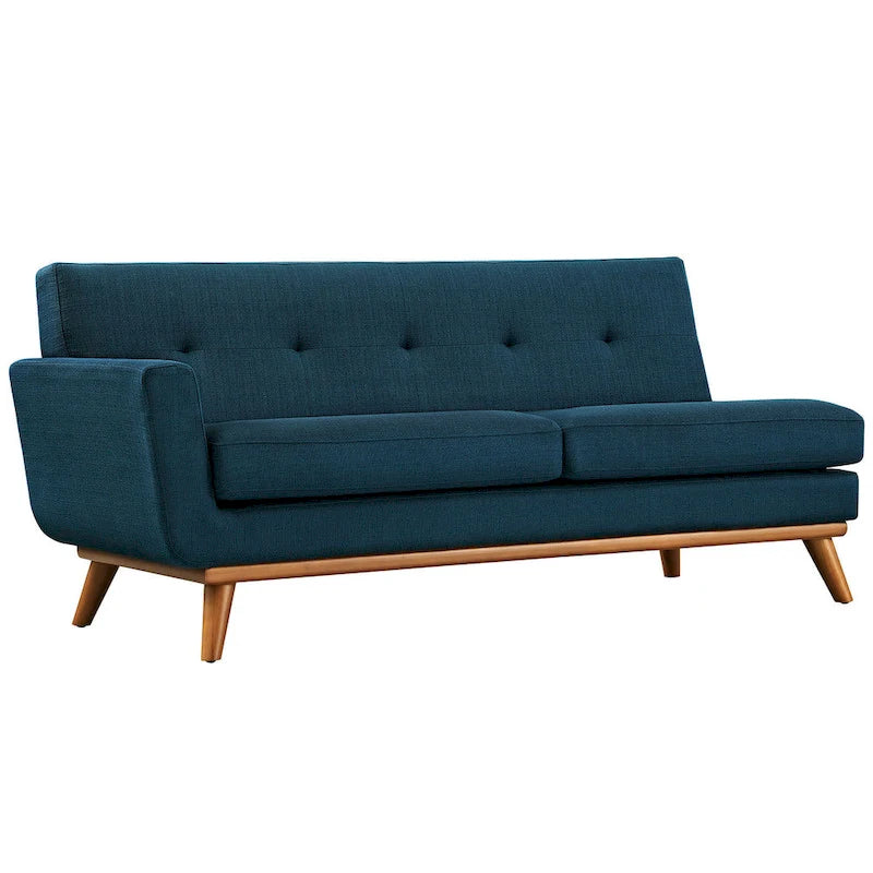 Causeuse en tissu rembourré à accoudoir gauche, style moderne du milieu du siècle, couleur azur