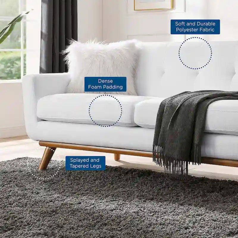 Causeuse en tissu rembourré à accoudoir gauche, style moderne du milieu du siècle, couleur azur