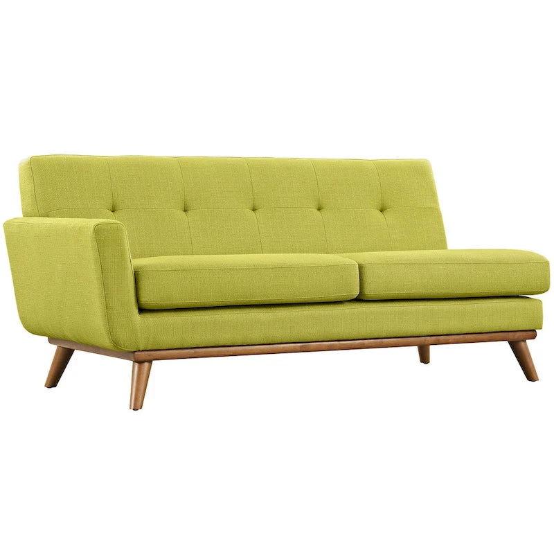 Causeuse en tissu rembourré à accoudoir gauche, style moderne du milieu du siècle, couleur azur