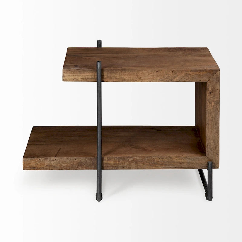 Table d'appoint/de chevet en bois massif marron moyen avec cadre en métal noir en forme de C