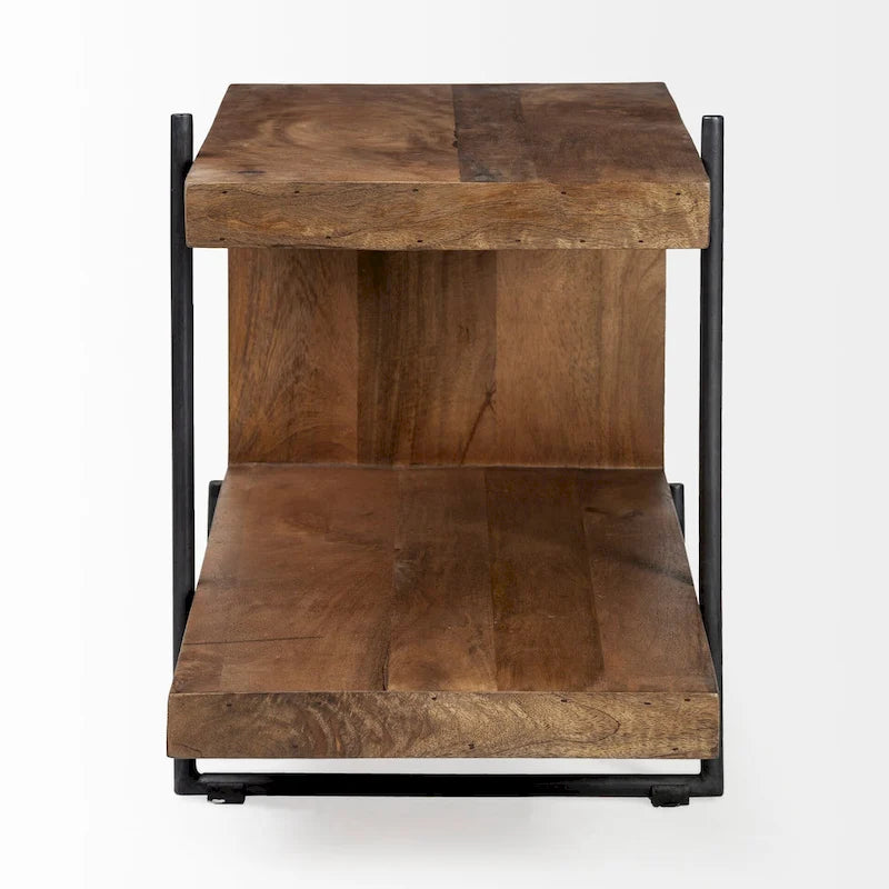 Table d'appoint/de chevet en bois massif marron moyen avec cadre en métal noir en forme de C
