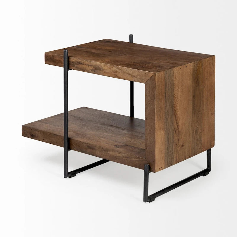 Table d'appoint/de chevet en bois massif marron moyen avec cadre en métal noir en forme de C