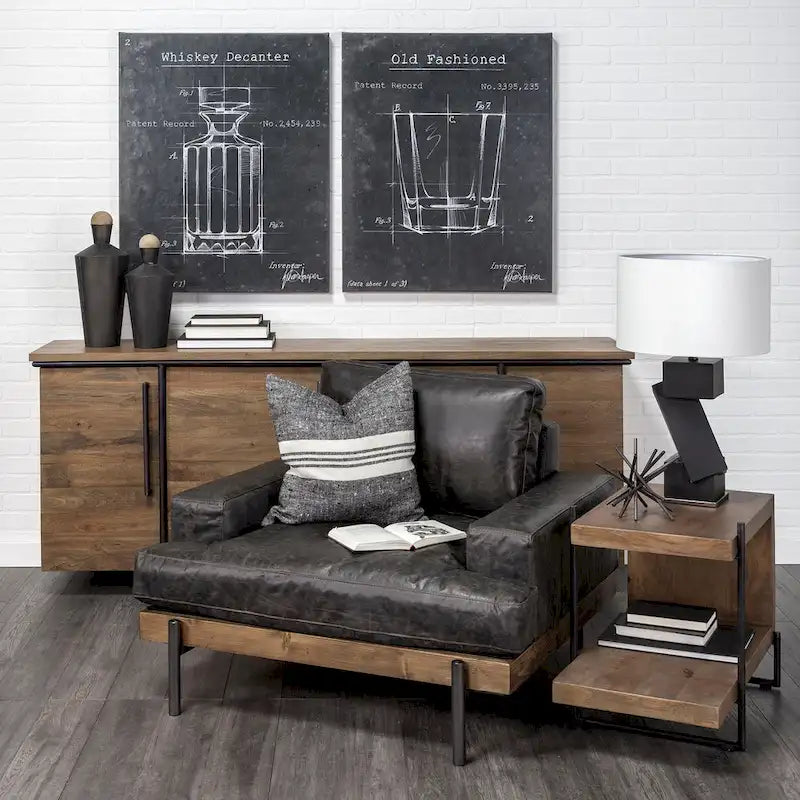 Table d'appoint/de chevet en bois massif marron moyen avec cadre en métal noir en forme de C